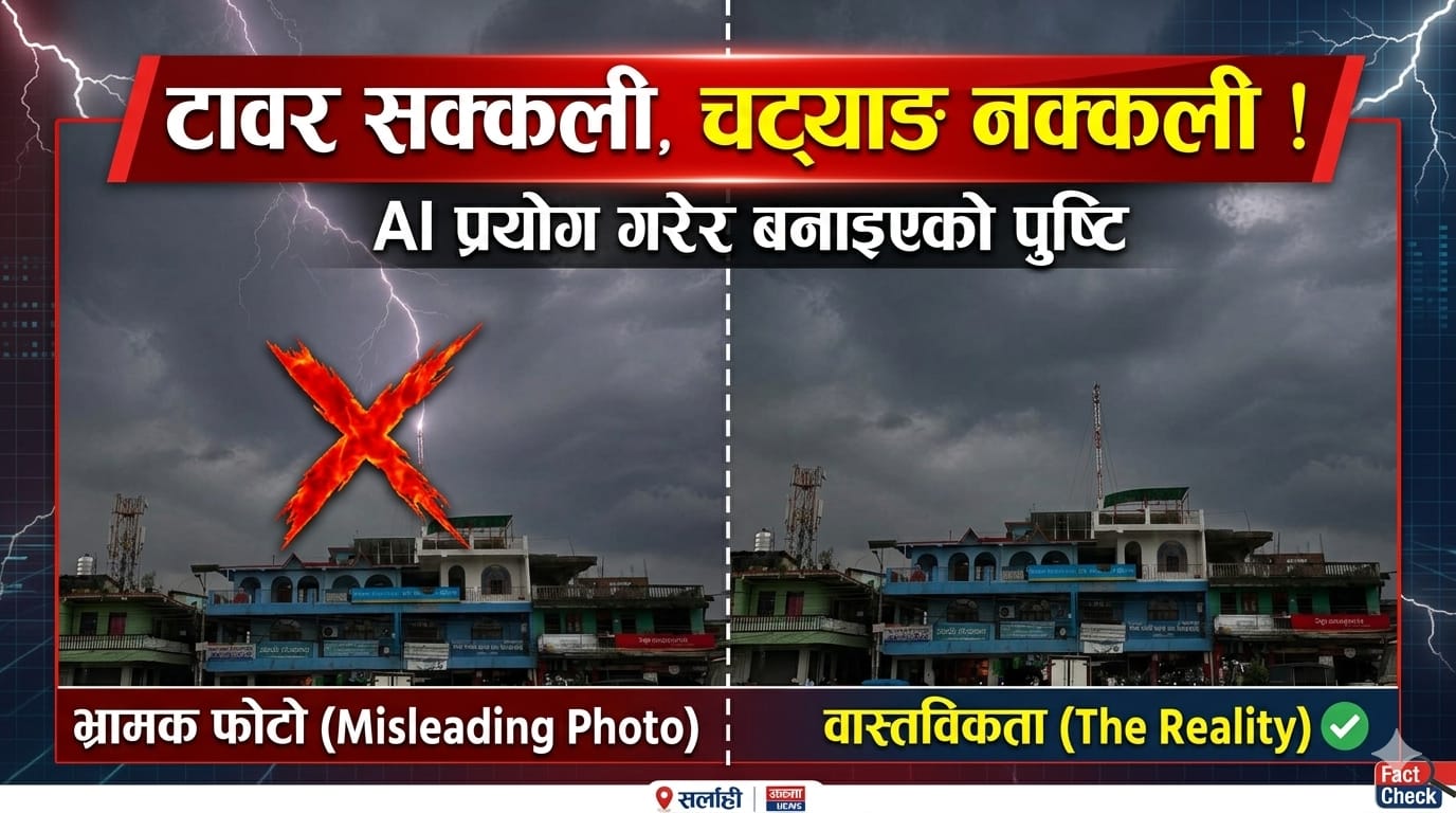 हरिवनको भाइरल चट्याङ फोटोबारे फ्याक्ट चेक : टावर वास्तविक, चट्याङ भने AI बाट थपिएको पुष्टि