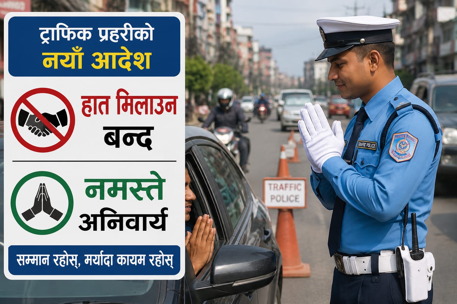 ट्राफिक प्रहरीको नयाँ सन्देश : सम्मान रहन्छ, हात मिलाइँदैन